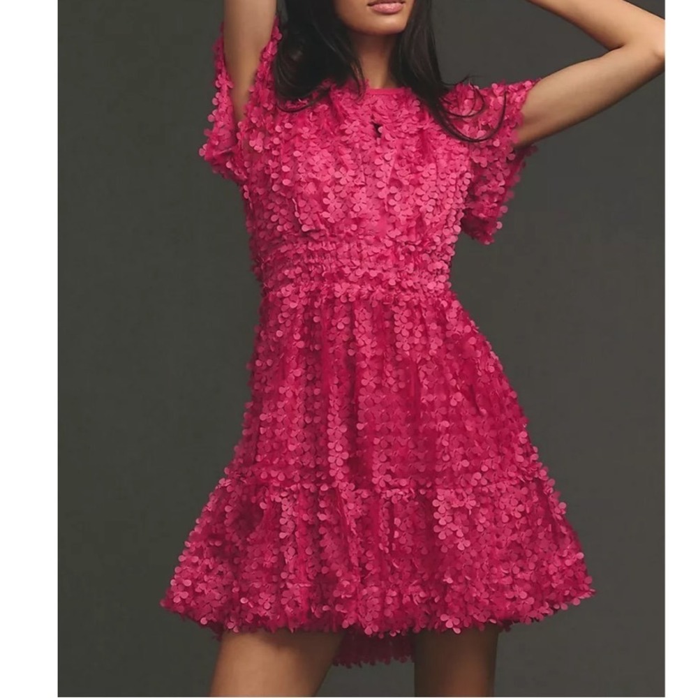 Anthropologie J Applique Petal Mini Dress Hot Pink Floral 3D Flutter Sleeve S d5